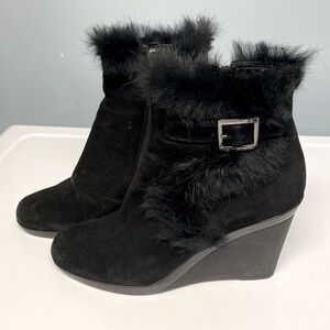 CHARLIZE RABBIT FUR-TRIM & SHEARLING-LINED SUEDE ANKLE BOOTS